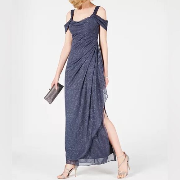 Alex Evenings Women’s Cold-Shoulder Draped Metallic Gown Smoke Sz 6 NWT - Picture 1 of 9